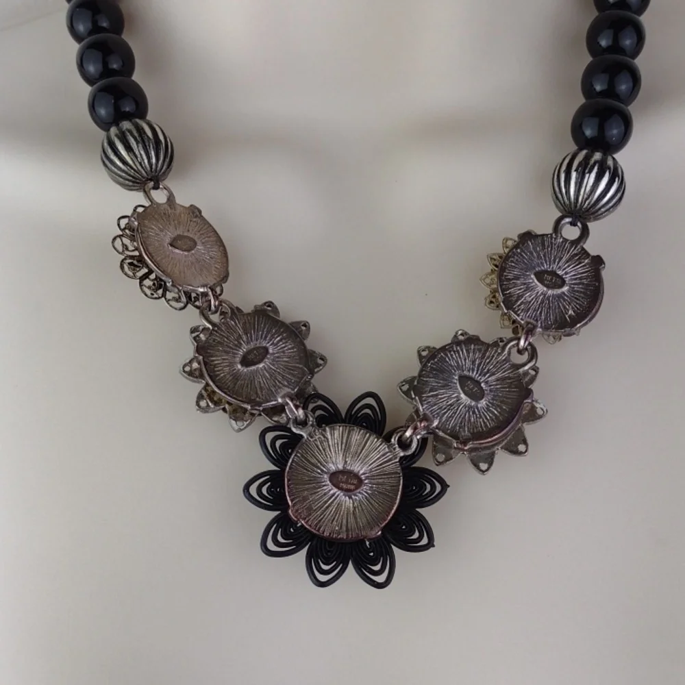 Vintage Mixed Metal Highly Crafted Varied Flower Pendants Black Bead Necklace